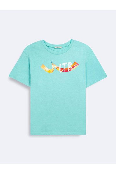 Short Sleeve Crew Neck Sıgn Printed Green T-Shirt