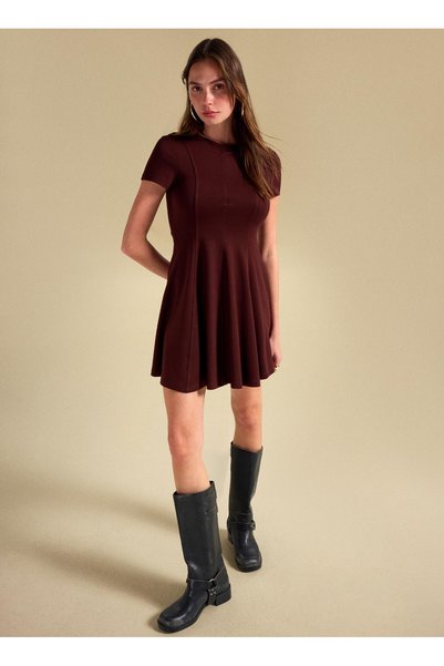 Round Neck Solid Coffee Mini Women Dress Pbf5Wl-Elb0117