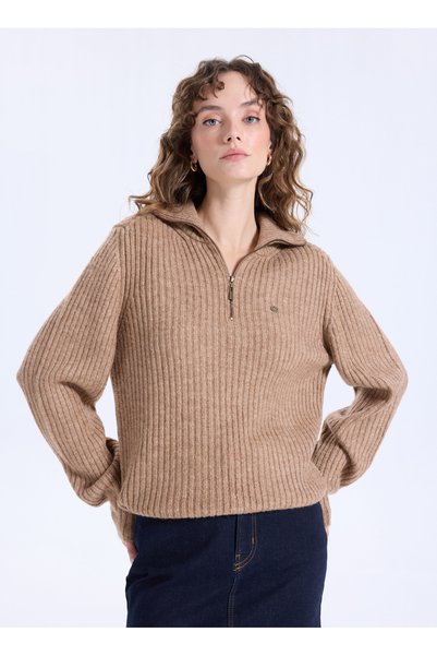Wide Neckline Relaxed Plain Knit Patterned Camel Sweater Women J5Wl-Kzk7110