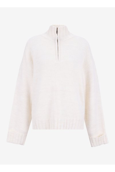Zippered Collar Relaxed Plain Ecru Sweater Women M5Wl-Kzk1451