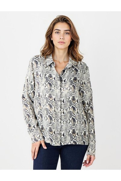 Black Snake Patterned Long Sleeve Woven Shirt