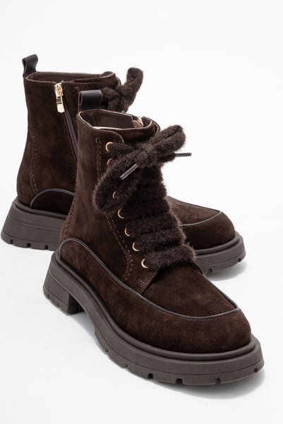 MINA Brown Suede Genuine Leather Women's Combat Boots
