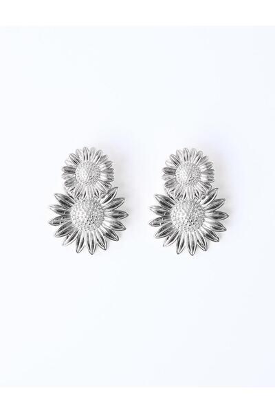 Silver Color Double Flower Figured Shiny Earrings