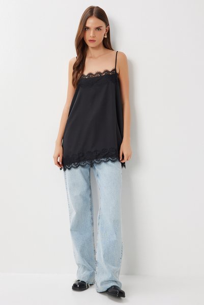 Lace Satin Surface Camisole Blouse Lrx0016 Black