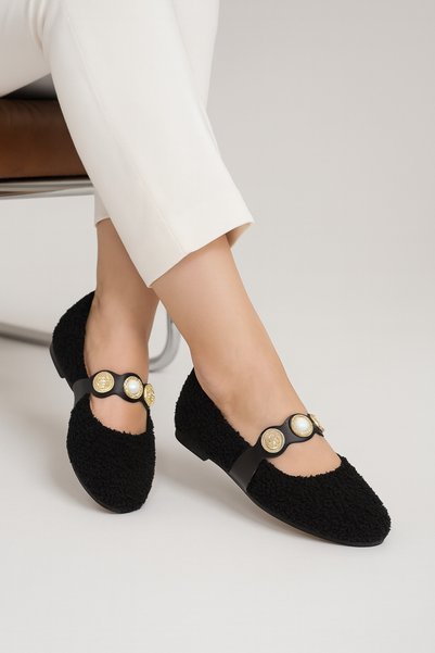 Women's Black Coin Buckle Ballerinas Byndvt05