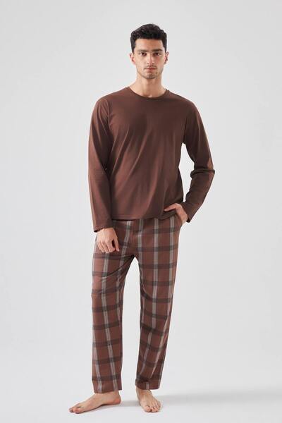 Men's Cotton Long Sleeve Plaid Patterned Pajama Set