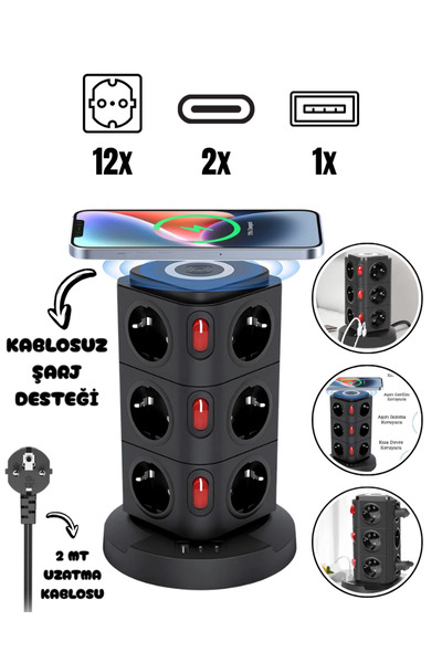 Приклучок со заштита од пренапон станица за безжично полнење 12xприклучок 1xUSB 2xType-C со кабел од 2 метри