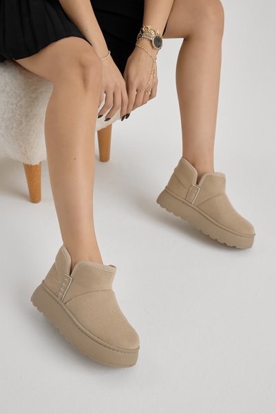 Women's Beige Thick Poly Sole Lined Suede Look Casual Boots