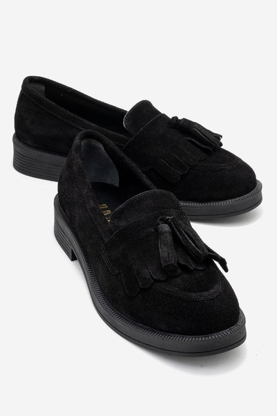 Mi̇lna Black Suede Tasseled Genuine Leather Women's Loafer Shoes