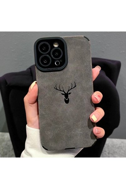 iPhone 14 Pro Compatible Deer Pattern Premium Suede Textured Camera Protected Case