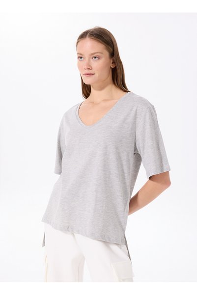 Gray Melange Women's V-Neck Oversize T-Shirt Talita
