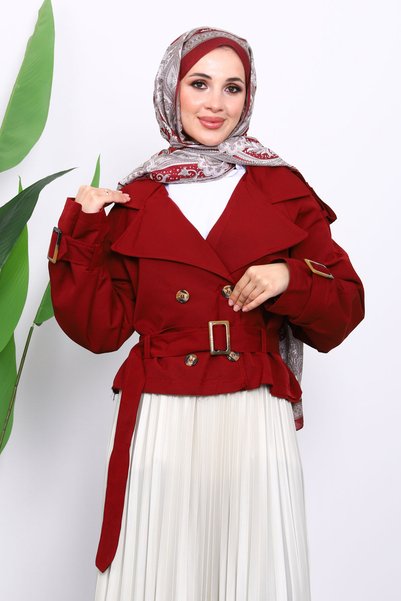 Burgundy Double-Breasted Collared Belted Short Trench Coat