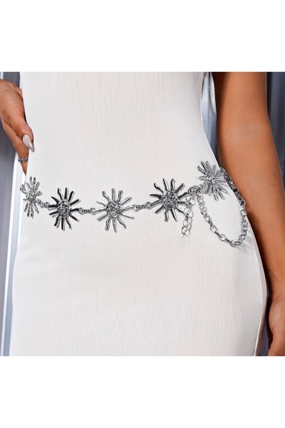 Women's Silver Happysun Sun Detailed Single Body & Waist & Dress & Skirt & Pants Chain Belt