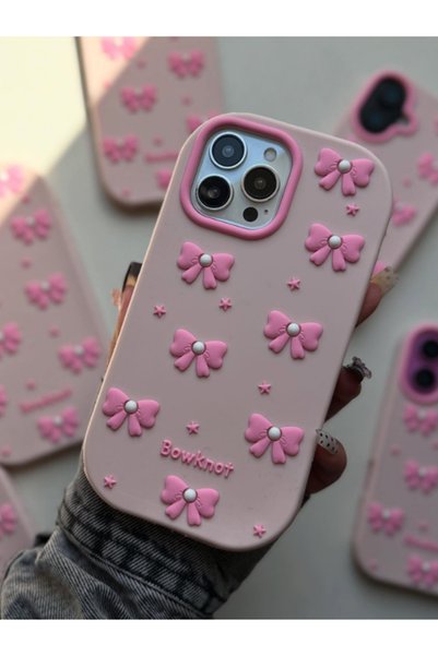 iPhone 16 Pro Max Compatible Pink Bow Pattern Embossed Soft Silicone Case