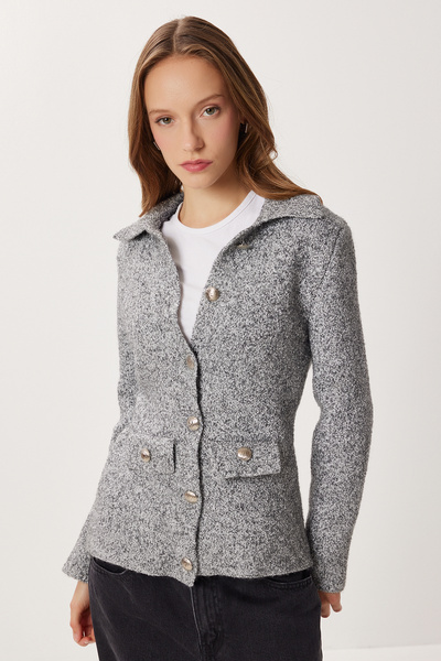 Polo Neck Buttoned Knitwear Cardigan Lki̇0045 Gray