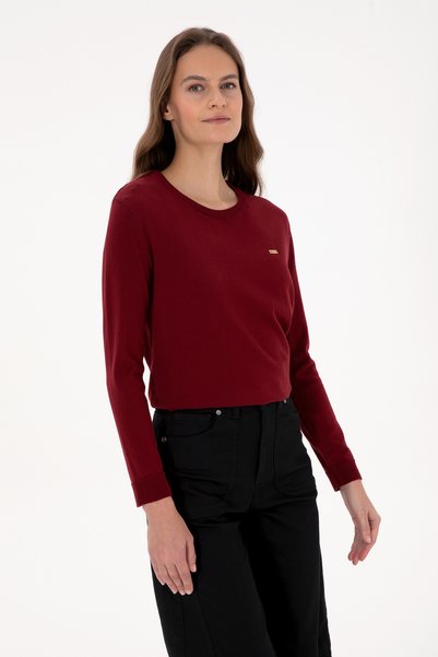 Women's Burgundy Crew Neck Basic Sweater 50313579-Vr014