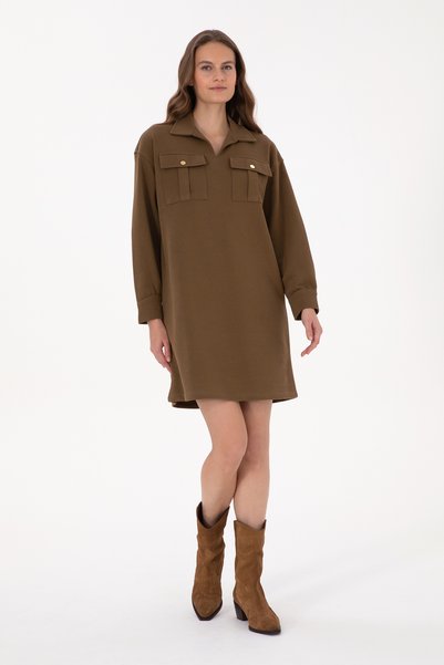 Women's Khaki Polo Collar Mini Length Knitted Dress 50318191-Vr027