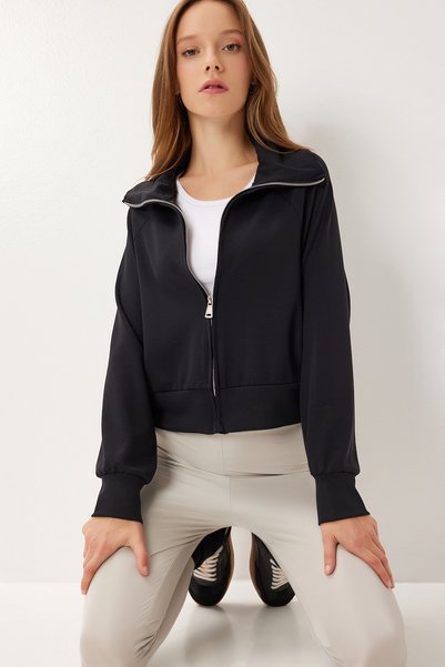 Mock Neck Zippered Modal Sweatshirt Lub0308 Black