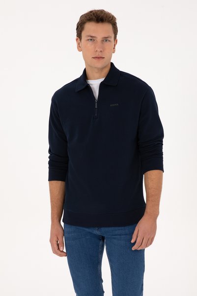 Men's Regular Fit Half Zipper Ribbed Polo Collar Navy Blue Basic Sweatshirt 50313783-Vr033