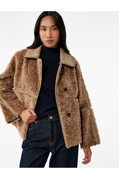 Faux Leather Collar Detailed Long Sleeve Buttoned Suede Lined Plush Coat