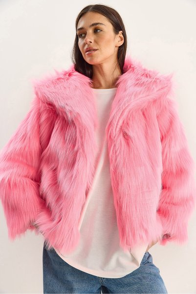 Women's Candy Pink Wide Collar Lined Short Premium Faux Fur Coat 2770 60261574