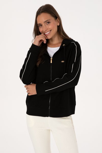 Women's Black Zippered Hooded Sweatshirt 50314187-Vr046