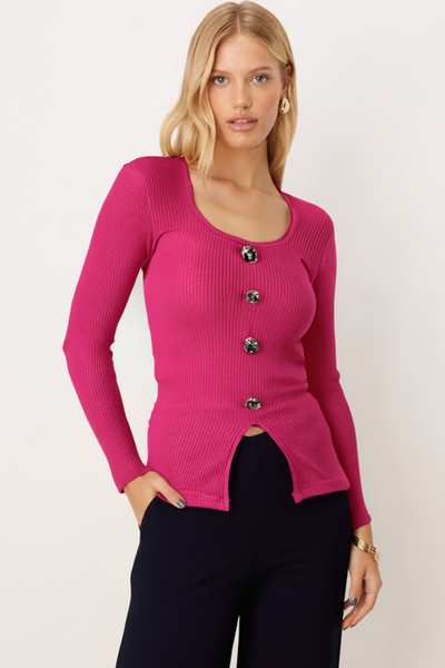 Women's Fuchsia U Neck Button Detailed Front Slit Soft Textured Blouse Arm-26K001038