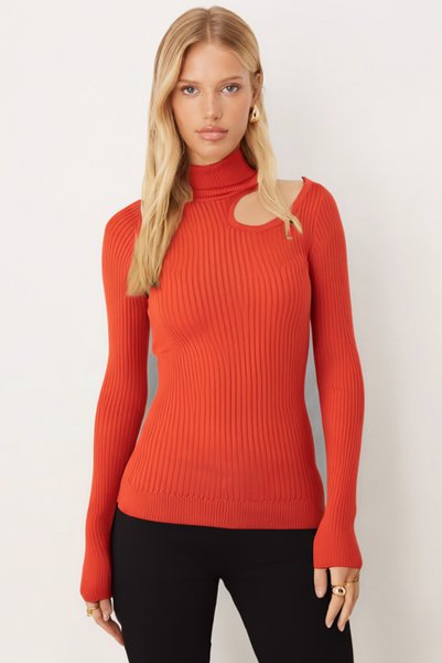 Women's Orange Turtleneck One Shoulder Low-Cut Knitwear Sweater Arm-26K136067