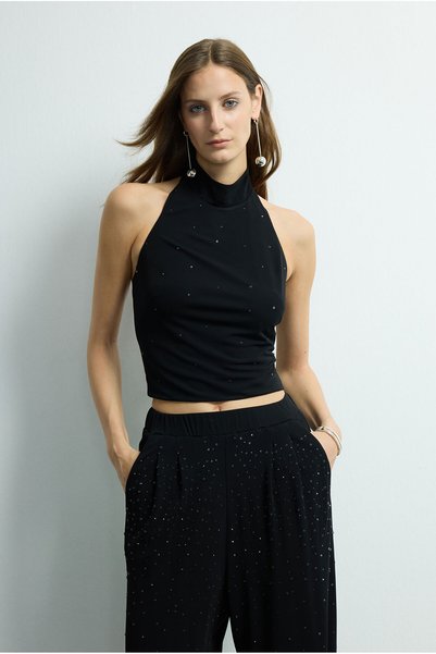 Fashion Passion Stone Embellished Knitted Blouse