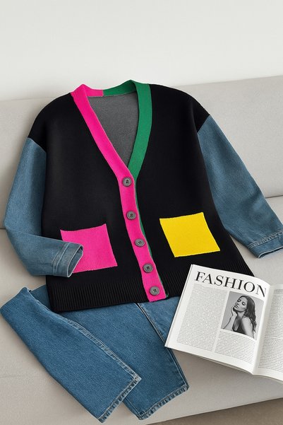 Women's Black Sleeve Denim Standard Size Knit Cardigan with Colorful Pocket Detail Buttoned Oversize