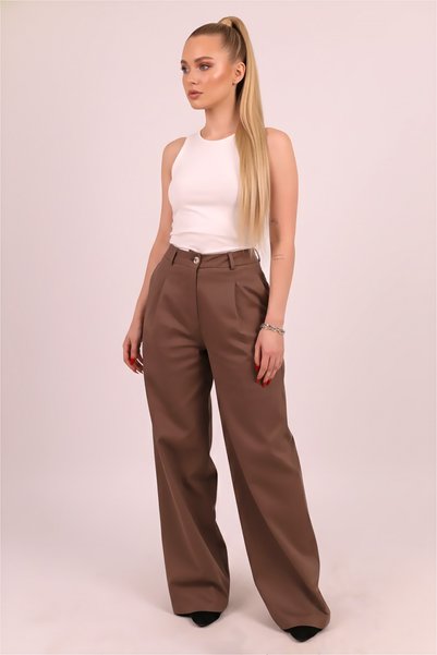 Women's Mink High Waist Front Pleated Detail Wide Leg Pants Arm-26K136041