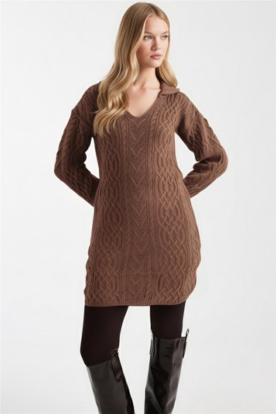 Women's Brown V-Neck Knit Sweater Arm-26K136037