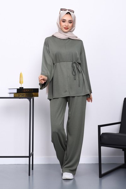 Khaki Waist-Tied Pants Modal Suit with Pockets