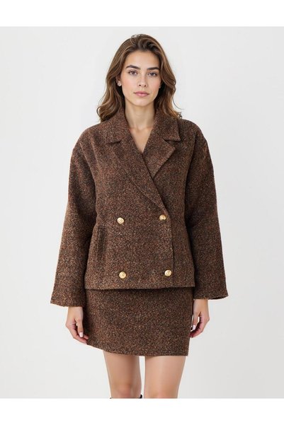 Bitter Brown Straight Cut Button Detailed Cashmere Woven Jacket