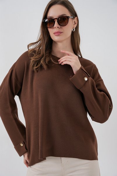 Women's Cuffed Oversized Knitwear Sweater 15981 - Brown