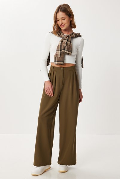 Pleated Woven Palazzo Pants Ldw0009 Khaki