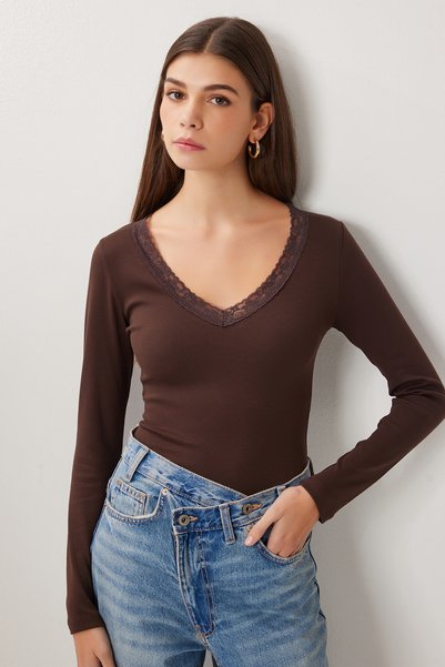 Lace Detailed Knitted Blouse Lub0312 Brown