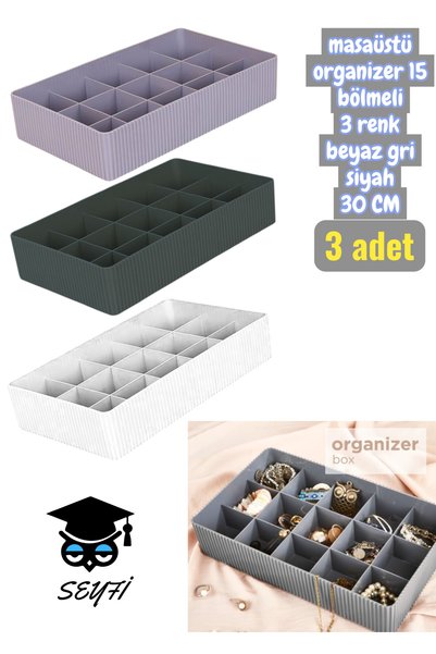 3 Pcs Desktop Organizer 15 Compartments 3 Colors White Gray Black 30 cm