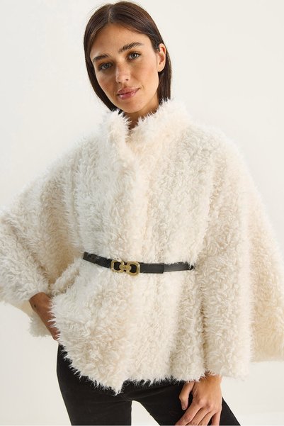 Women's White Belt Detailed Soft Textured Plush Poncho 2817 60281120