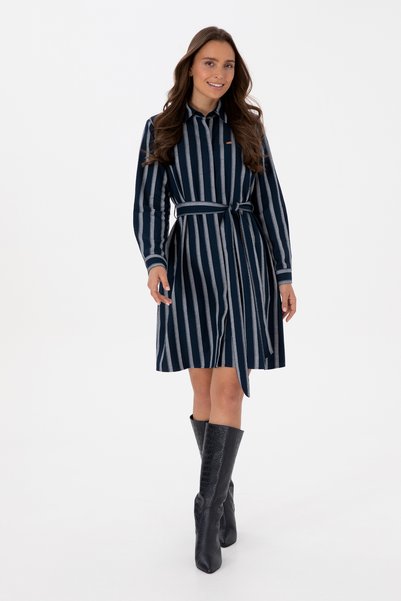 Women's Navy Blue Striped Belted Woven Dress 50316604-Vr033