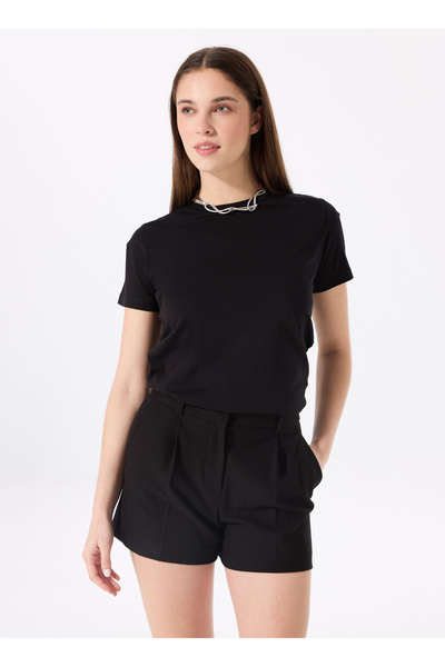 Crew Neck Plain Black Women's T-Shirt Tengiz