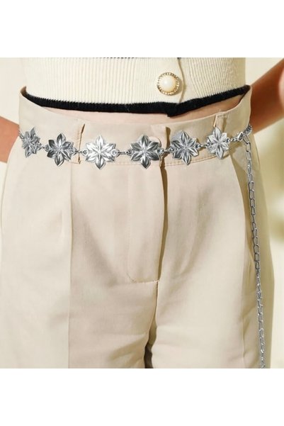 Women's Silver Flower Figured Single Body & Waist & Dress & Skirt & Pants Chain Belt