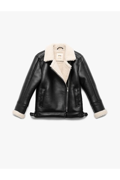 Double-Breasted Faux Leather Jacket with Lapel Collar, Relaxed Fit, Pocket Detail, and Plush Lining