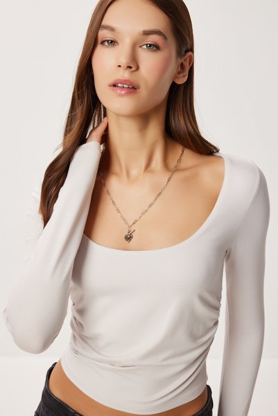 Drawstring Crop Knitted Blouse Lub0267 Stone Gray