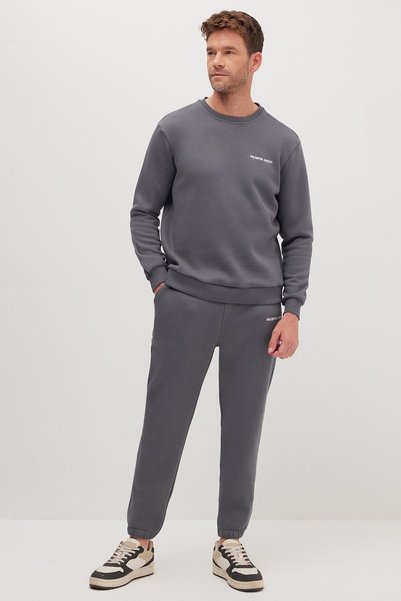Men's Relax Fit Cotton 3 Thread Soft Textured Inside Fleece Crew Neck Smoked Tracksuit Set
