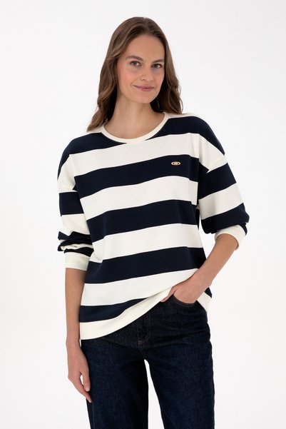 Women's Navy Blue Striped Crew Neck Sweatshirt 50313563-Vr033