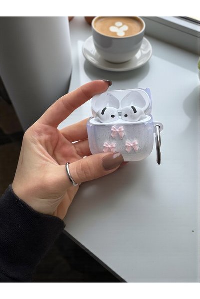AirPods 4. Generation Compatible Glittery 3D Pink Bow Patterned Earphone Case with Keychain
