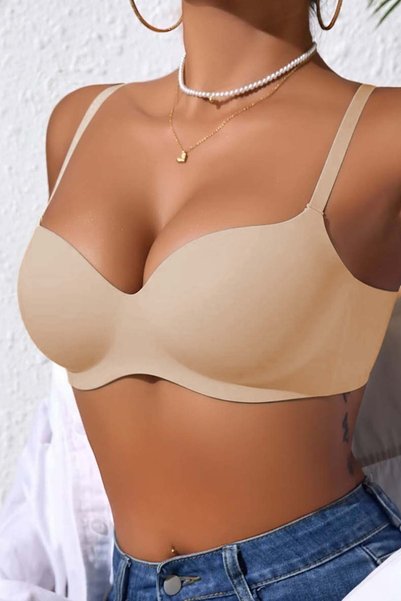 Stitch-Free Lightly Supported Shiny Laser Cut No-Show Invisible Bra Without Underwire