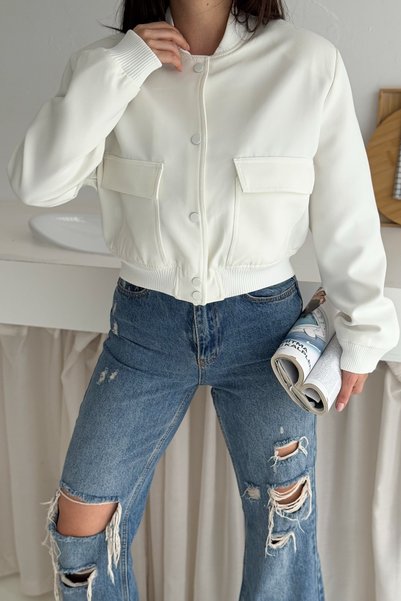 White Double Pocket Short Jacket with Elastic Waist and Lining
