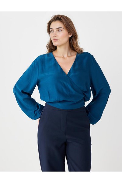 Dark Petrol Relaxed Fit Wrap Neck Long Sleeve Woven Blouse